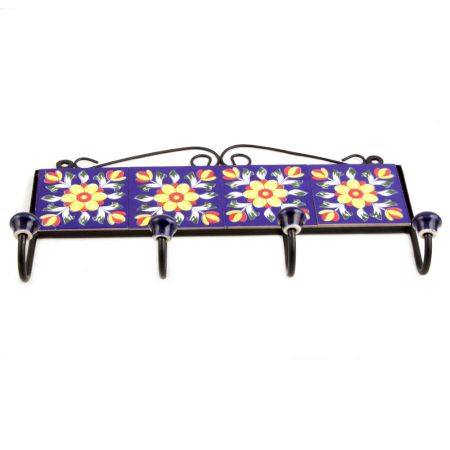 Navy Blue Yellow Flower Tiles Hooks